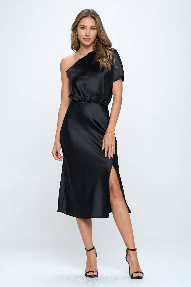 Stretch Satin One Shoulder Dress - BLACK