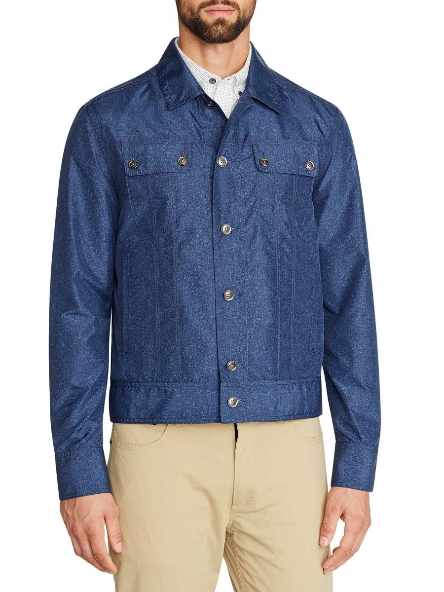 Linen Print Trucker Jacket - Navy