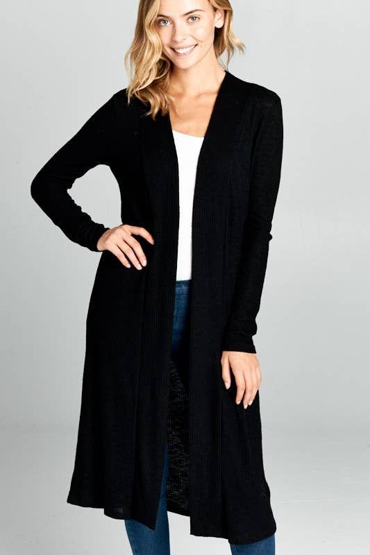 Long Sleeve Ribbed Sweater Cardigan - BLACK