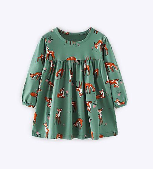 LEEZ Girls Cartoon Sika Deer Printed Long Sleeve Pleated Dress Green