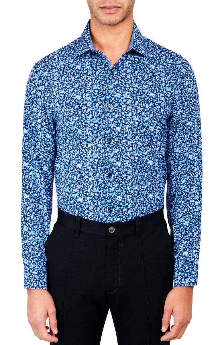 Floral 4-Way Stretch Slim Fit Dress Shirt - Navy