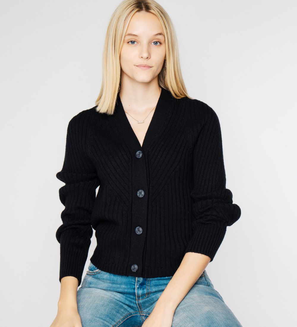 LEEZ Women V-Neck Cardigan in Wool & Silk - Black