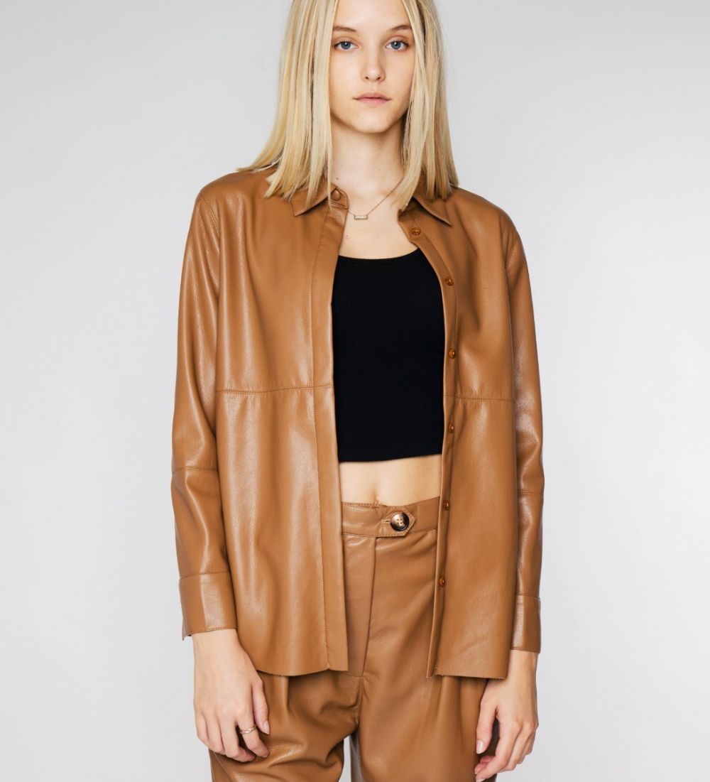 LEEZ Women Leather Shirt Jacket - Camel