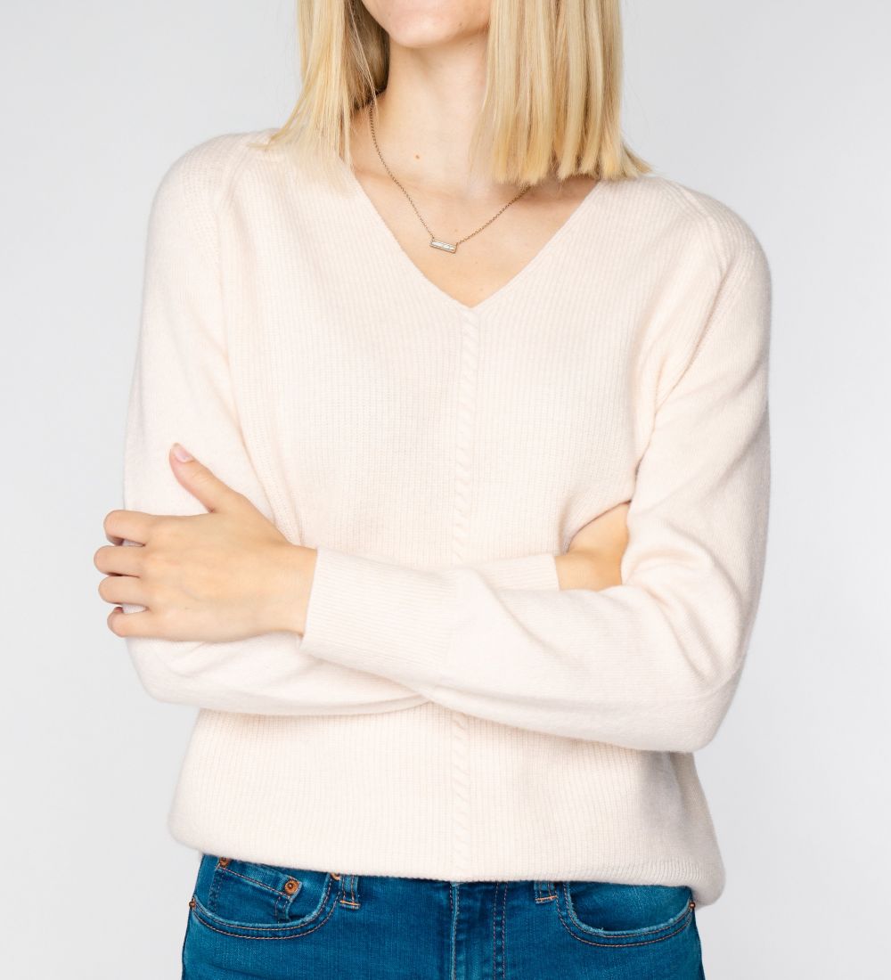 LEEZ Women Merino Wool V-Neck Sweater - Ivory