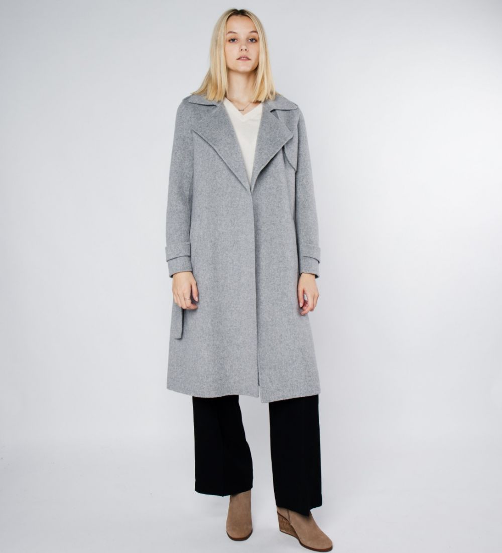 LEEZ Women Mid-length Double Face Wool Belted Overcoat Gray