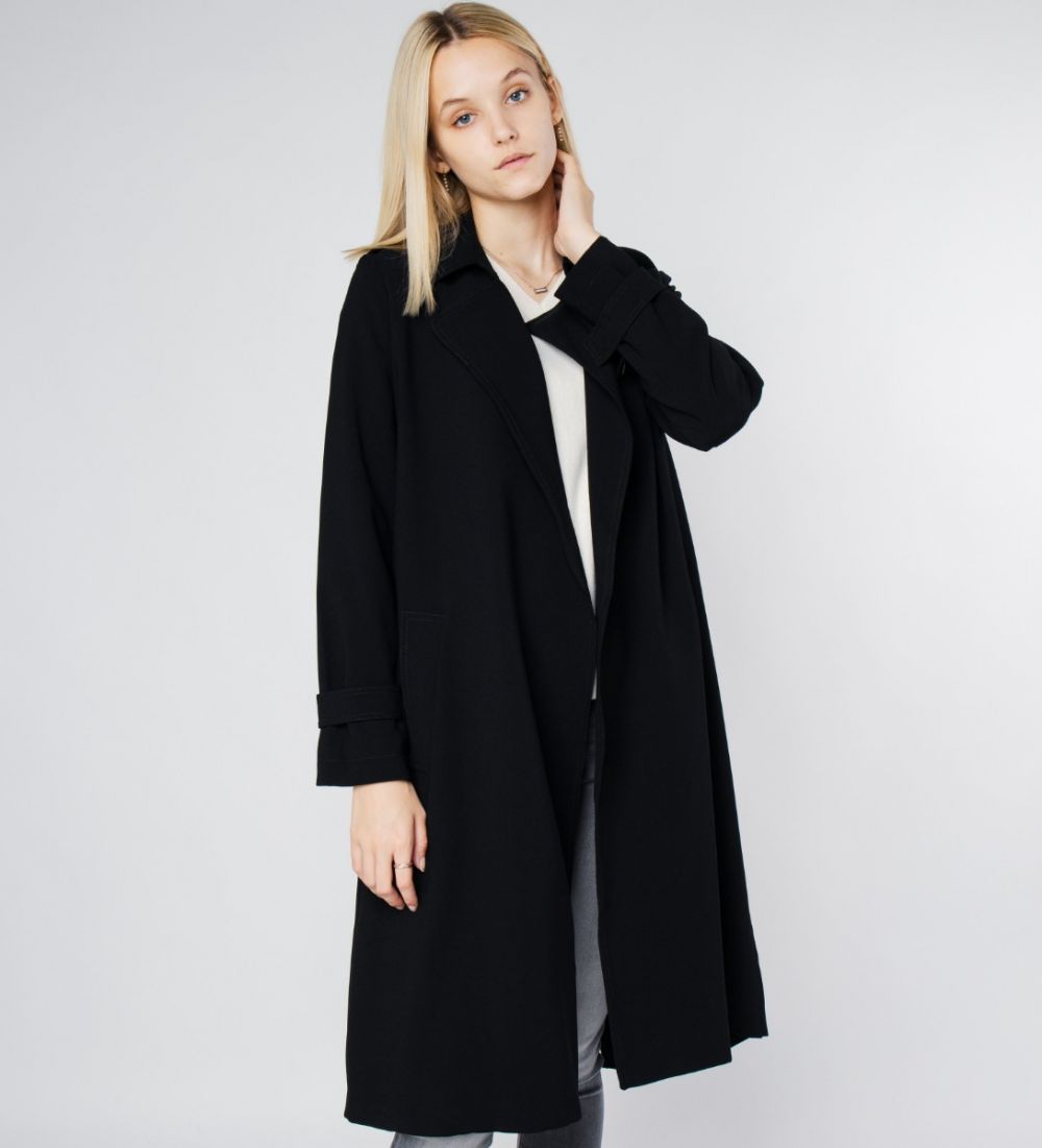 LEEZ Women Triacetate Mid-length Belted Trench Coat - Black