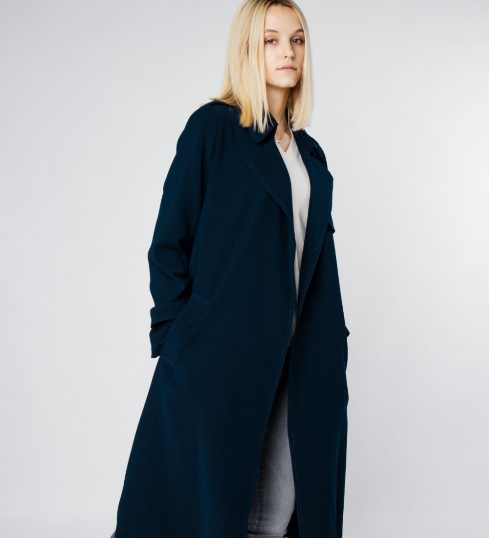 LEEZ Women Triacetate Mid-length Belted Trench Coat - Navy