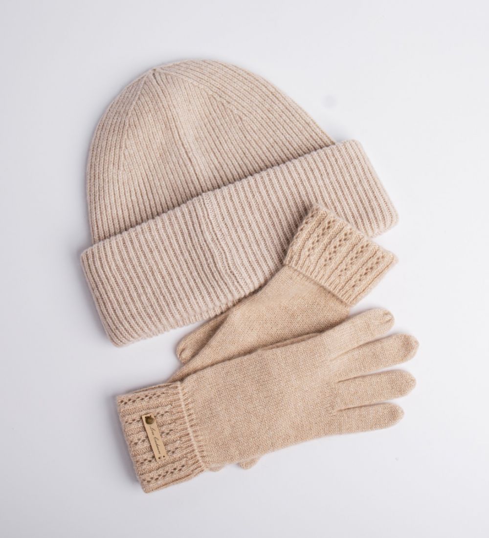 LEEZ Women Knit Gloves & Beanie 2 PCS Set - Beige