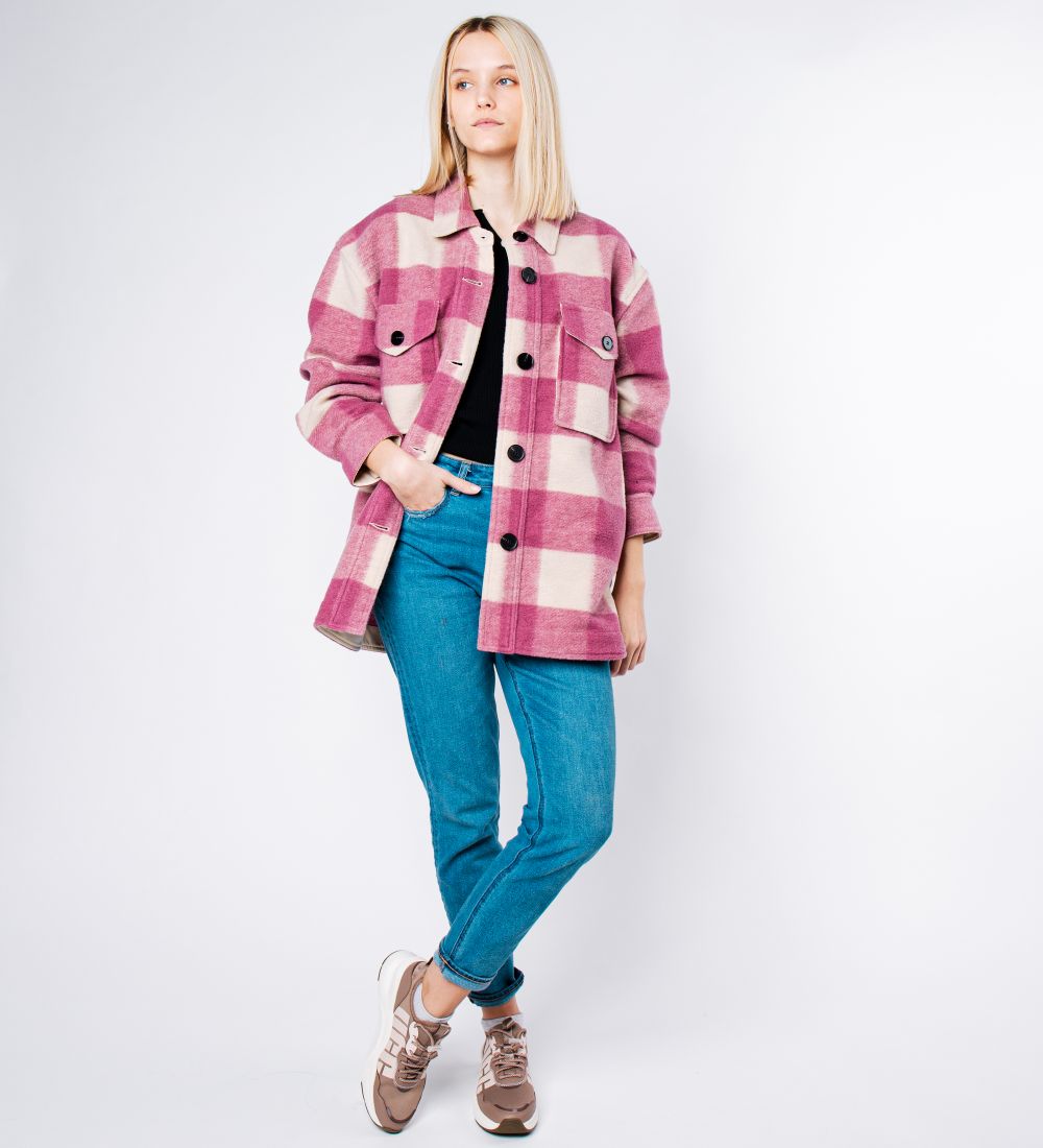 LEEZ Women Spread Collar Plaid Coat Pink-36