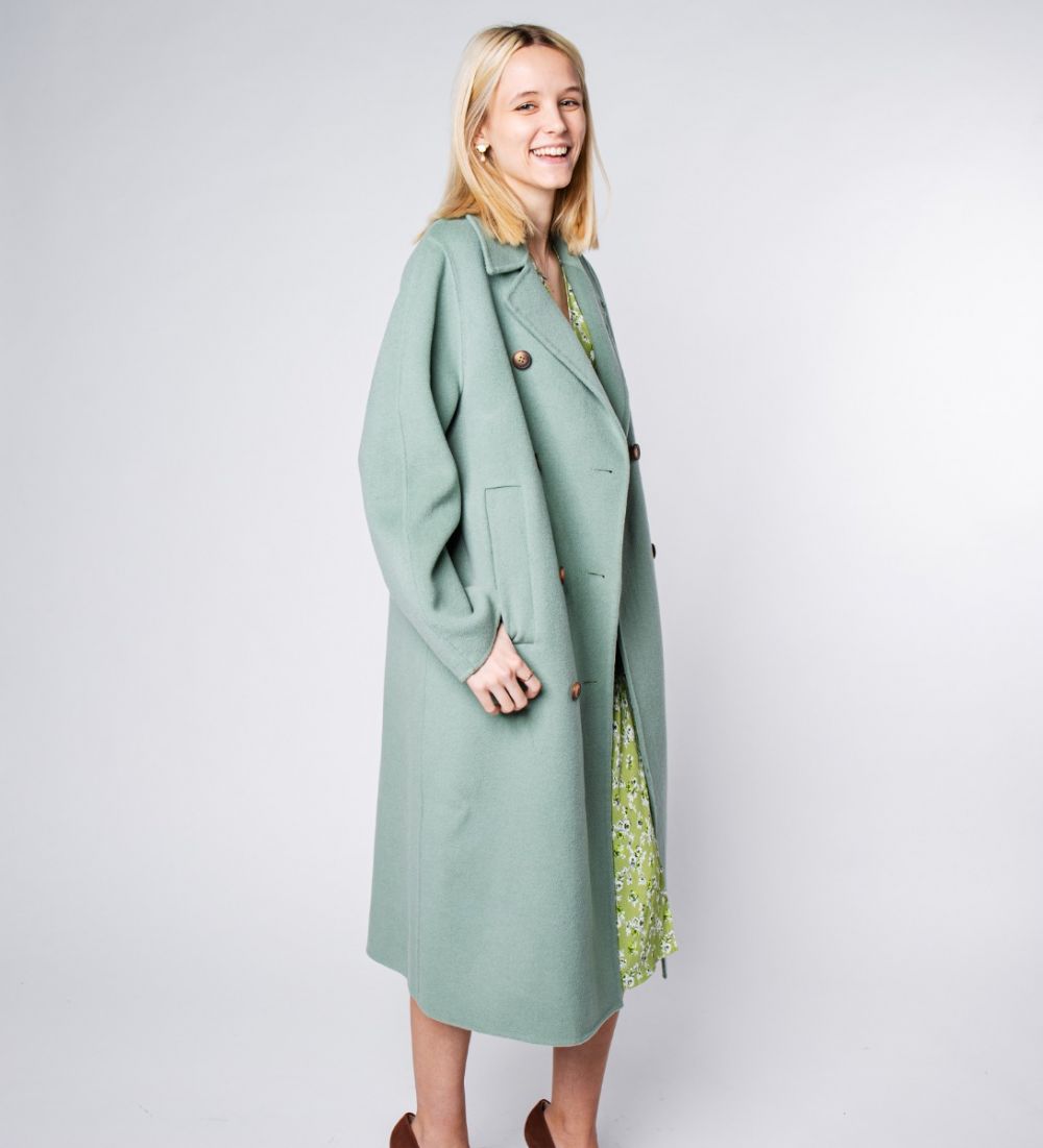 LEEZ Women Wool Double-Breasted Overcoat - Pea Green