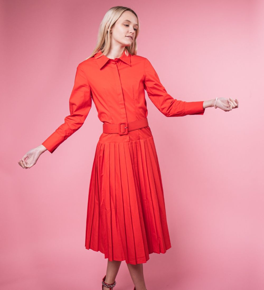 Pleated Shirt Dress Red