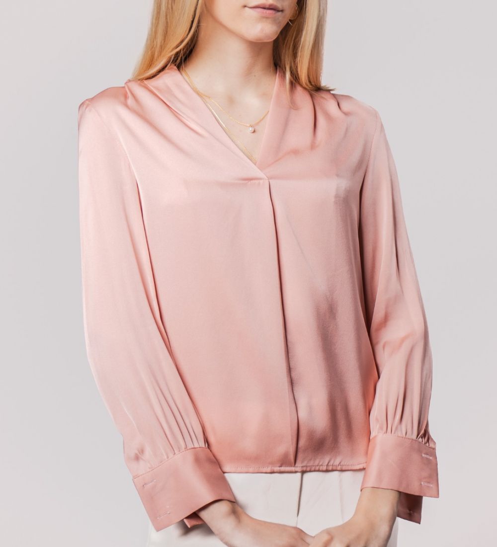 LEEZ Women V-Neck Mulberry Silk Shirt Pink