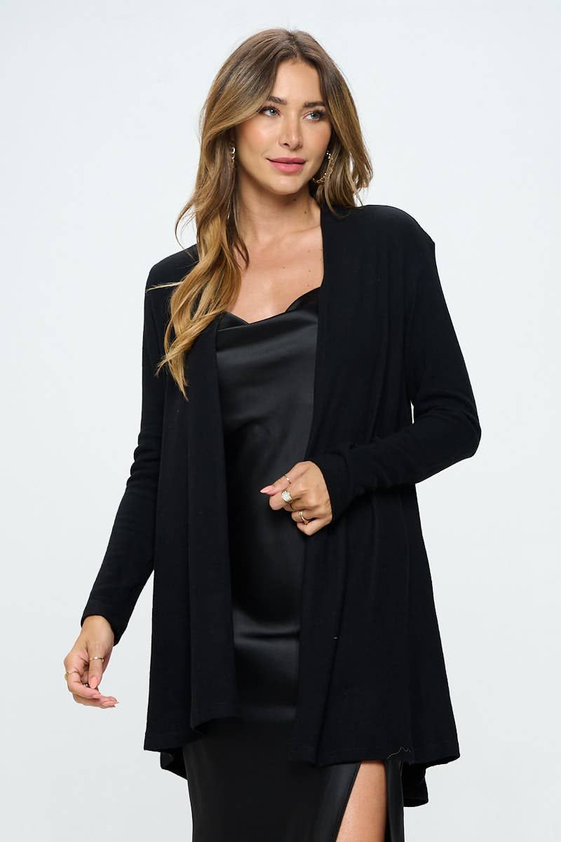 Brushed Knit Draped Cardigan - BLACK