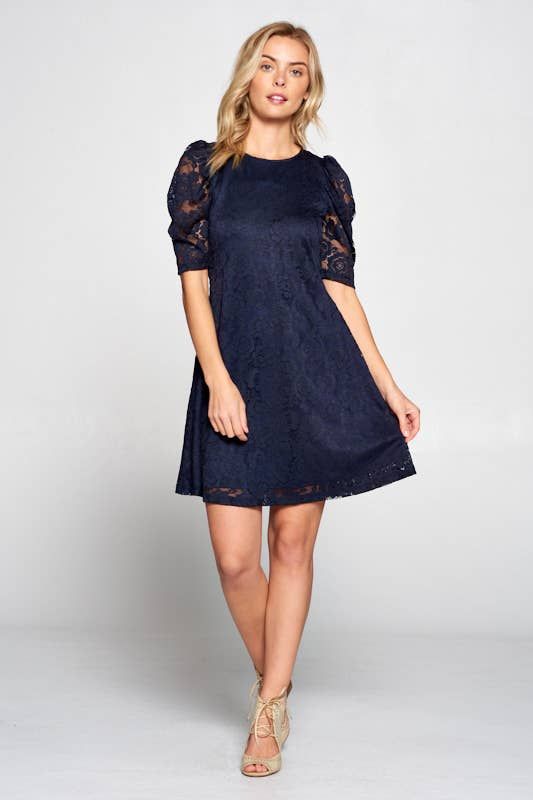 Lace Floral Dress with Puff Sleeve and Lining - NAVY