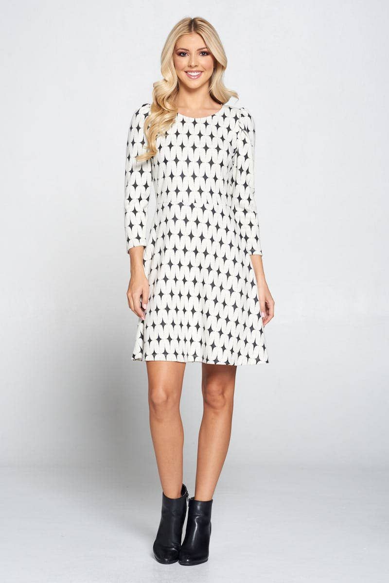 Round Neck Jacquard Dress - IVORY BLACK