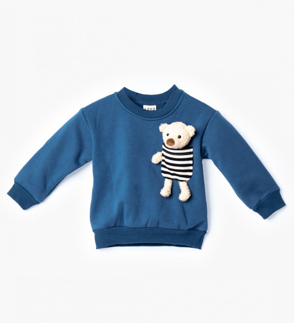 LEEZ Kids Round Neck Fleece Sweatshirt With Bear Doll Decoration Blue