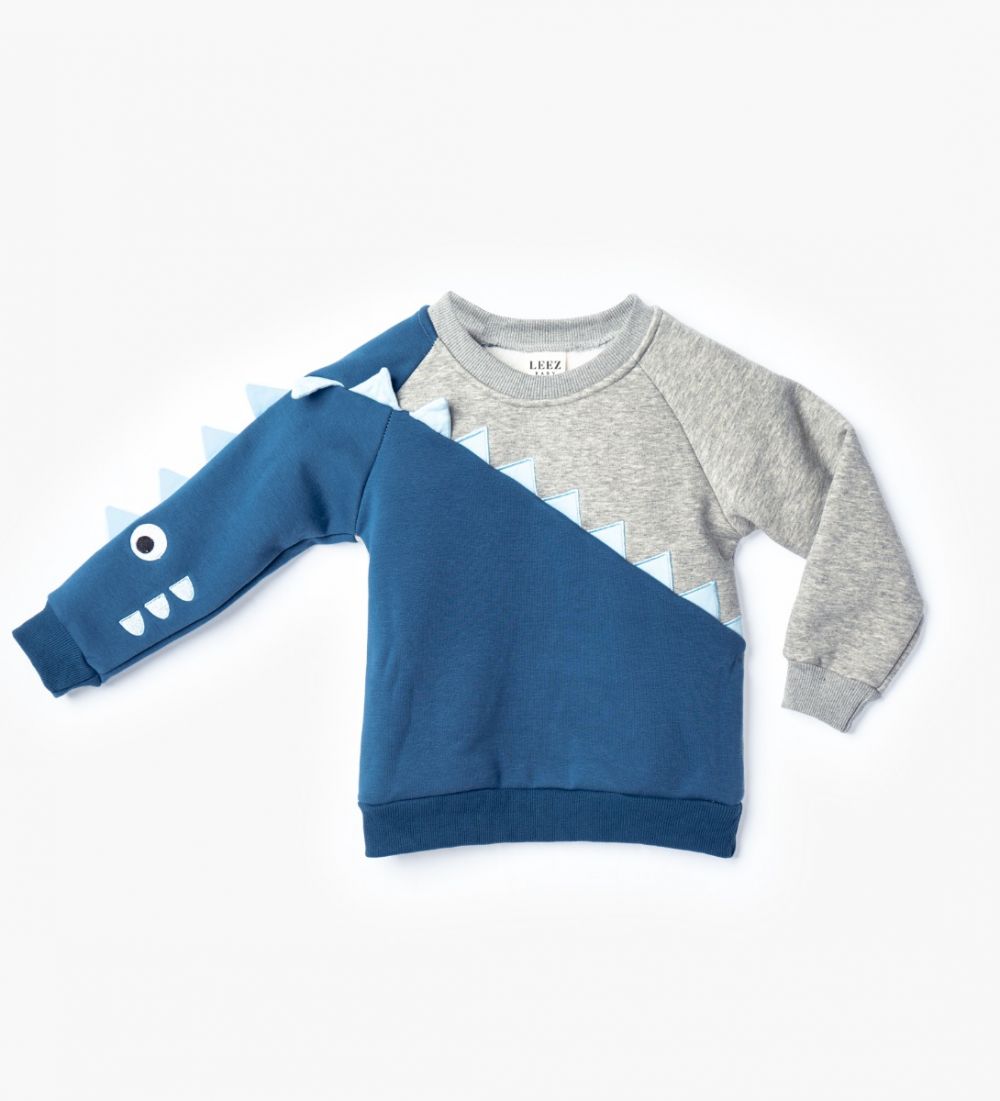 LEEZ Boys Blue-Gray Dinosaur Pattern Fleece Cotton Pullover