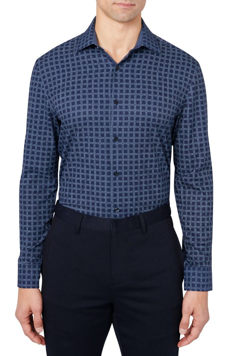 Dotted Check 4-Way Stretch Slim Fit Dress Shirt - Navy