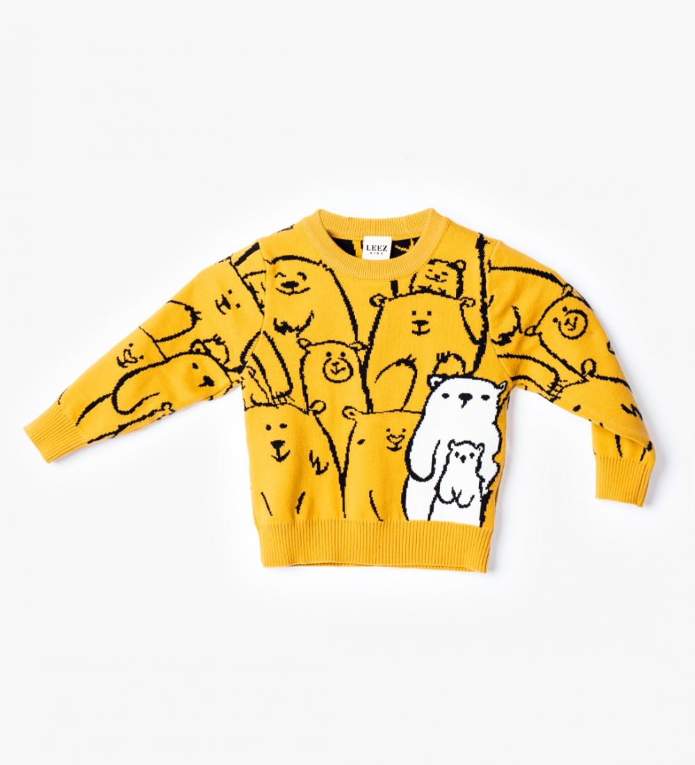 LEEZ Boys Pullover Sweater With Carton Bear Patterns Yellow