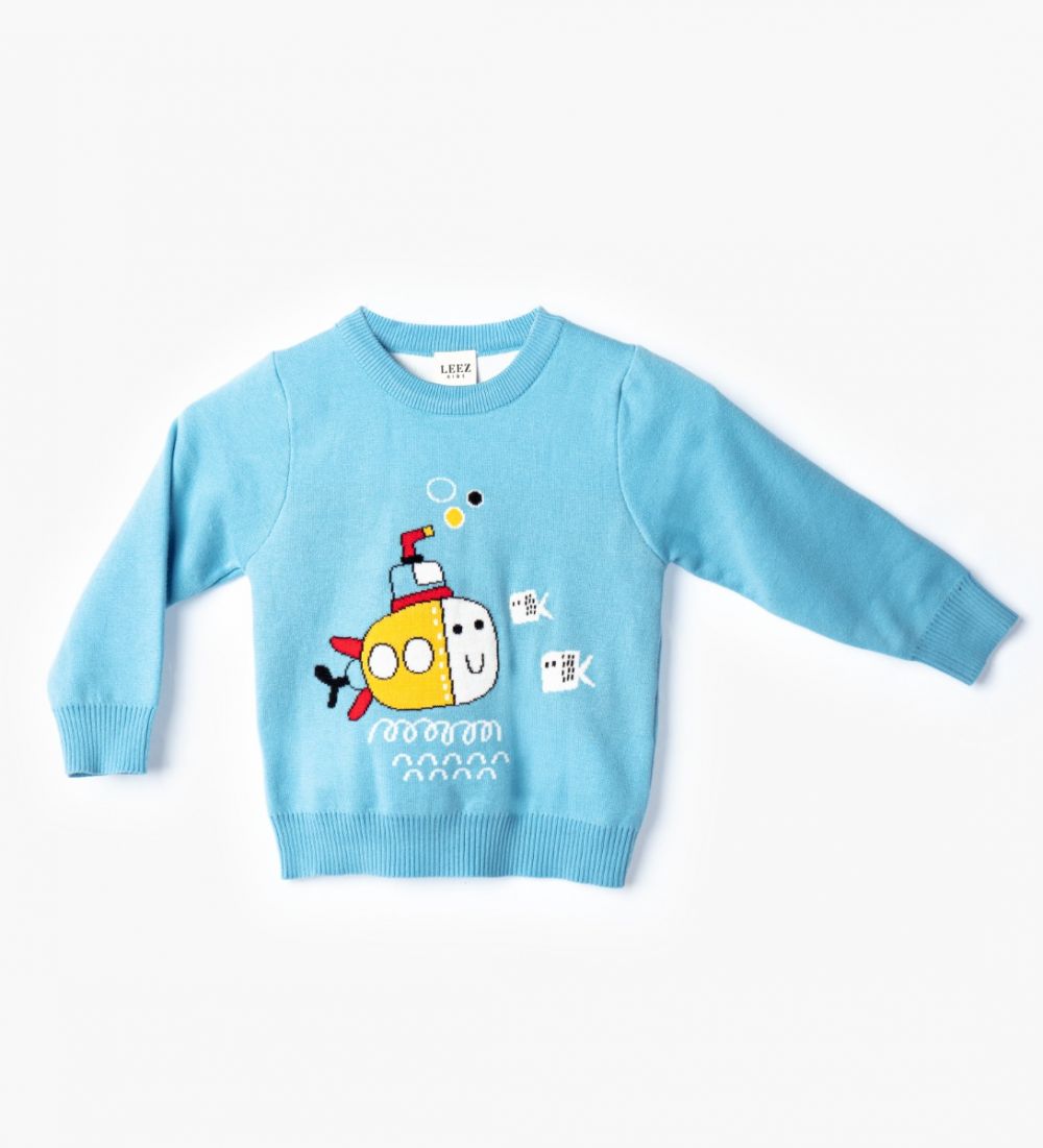 LEEZ Boys Pullover Sweater With Cartoon Pattern Blue
