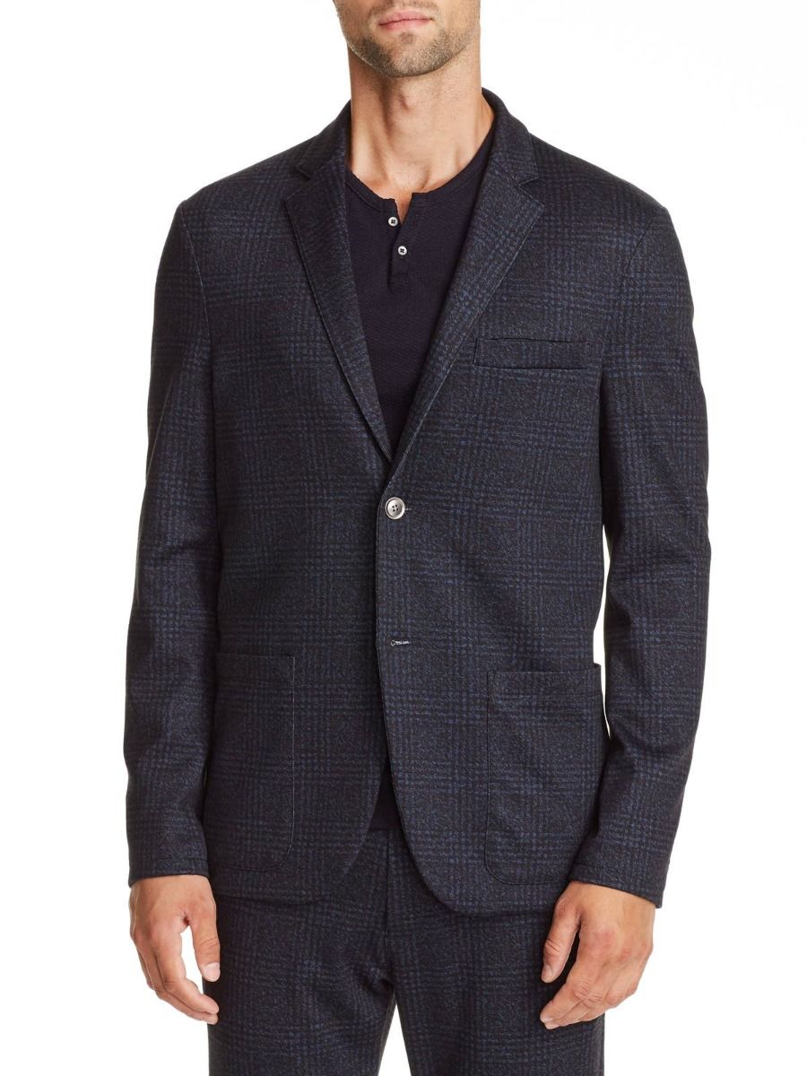 Olana Plaid Stretch Knit Blazer - Navy