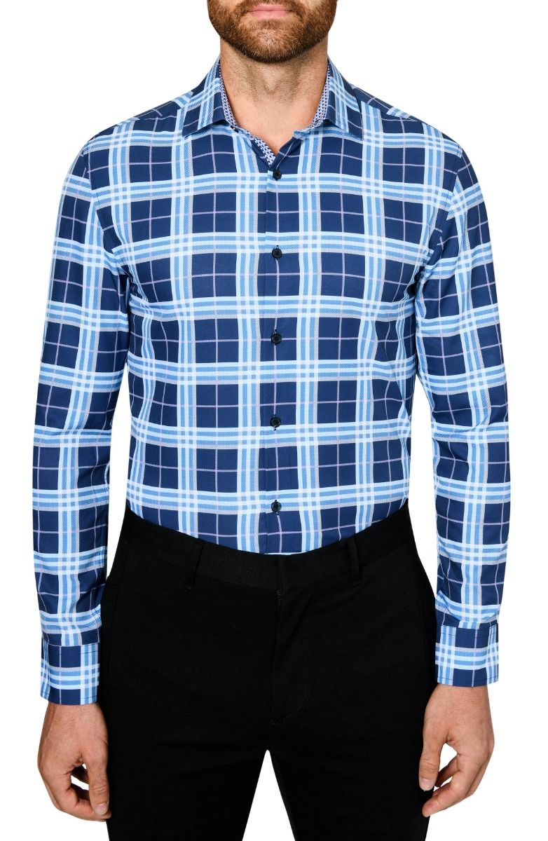 Large Tartan 4-Way Stretch Slim Fit Dress Shirt - Navy