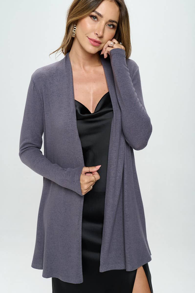 Brushed Knit Draped Cardigan - DARK CEMENT