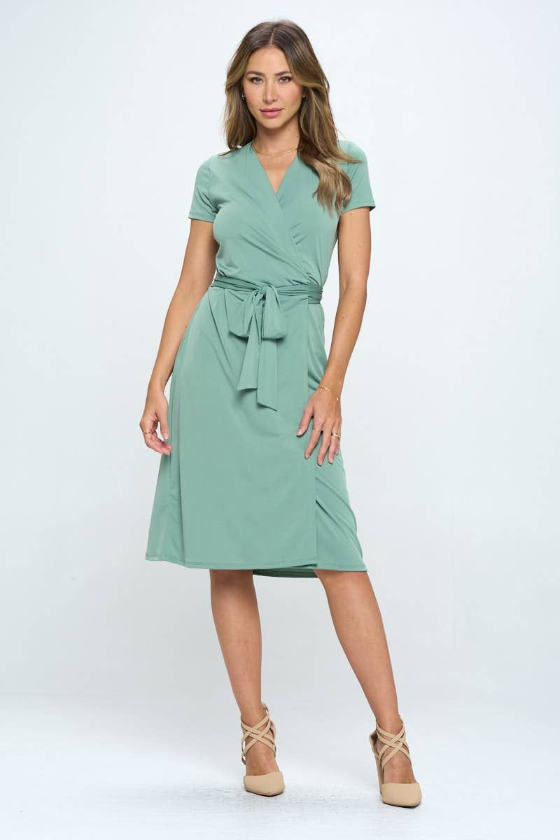 Solid V neck Wrap Dress with Tie - SAGE