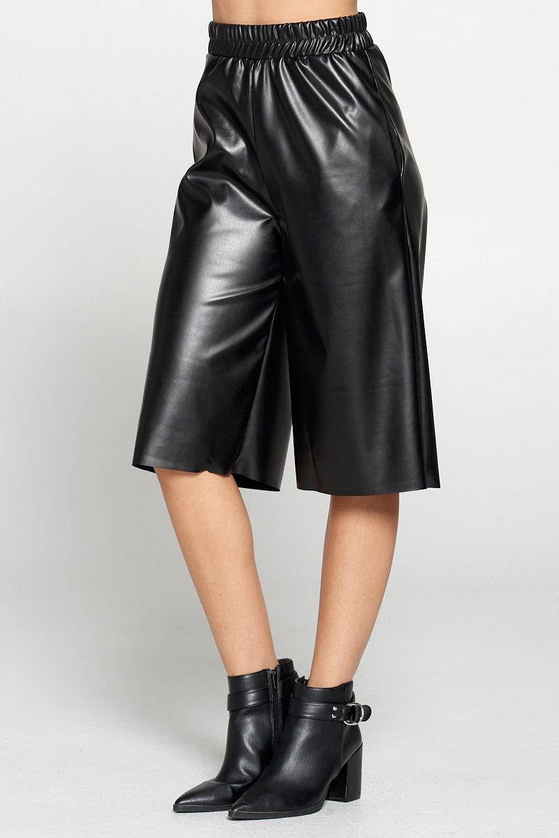 Faux Leather Wide Leg Culotte Pants - Black