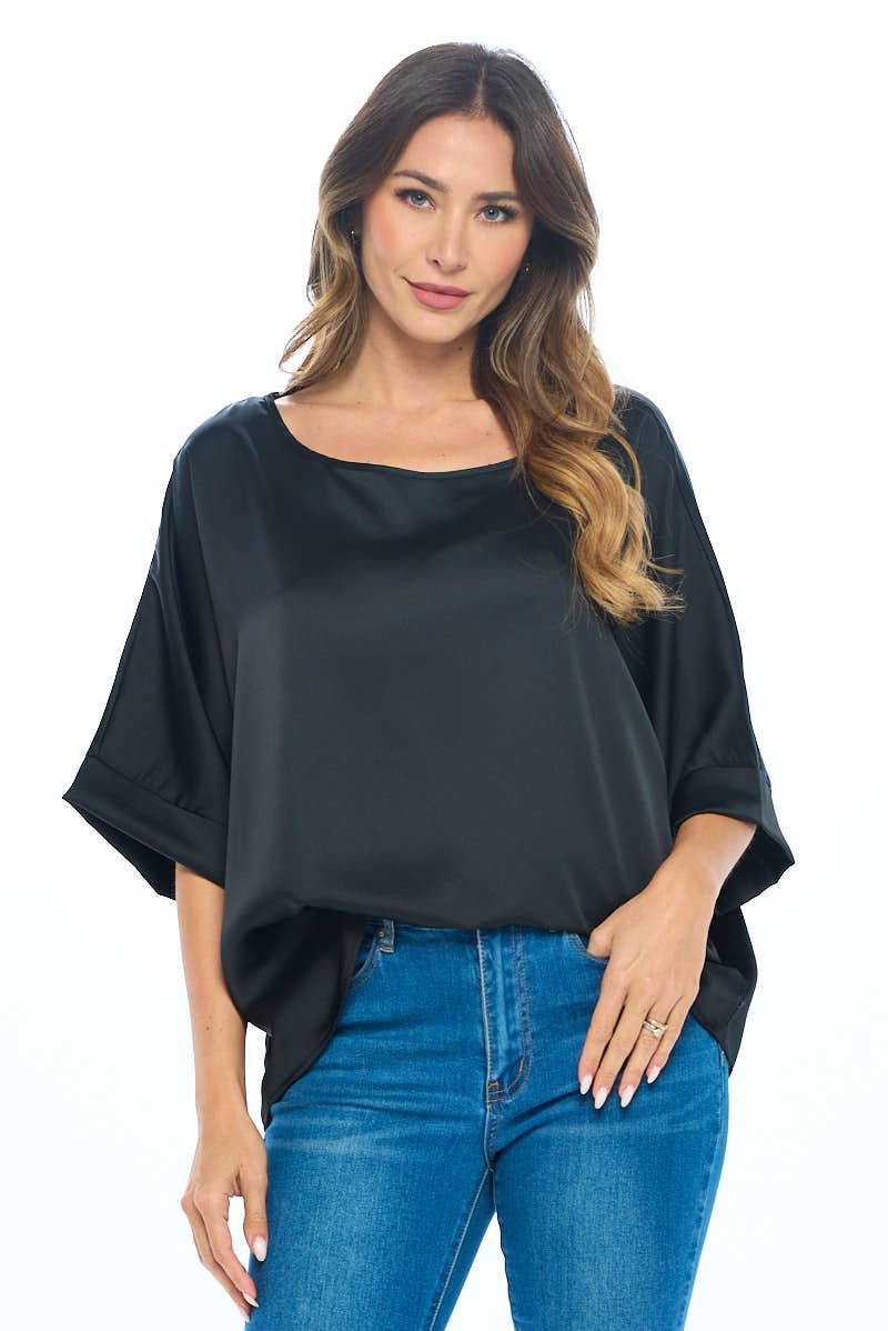 Stretch Satin Solid Round neck Oversize Top - Black