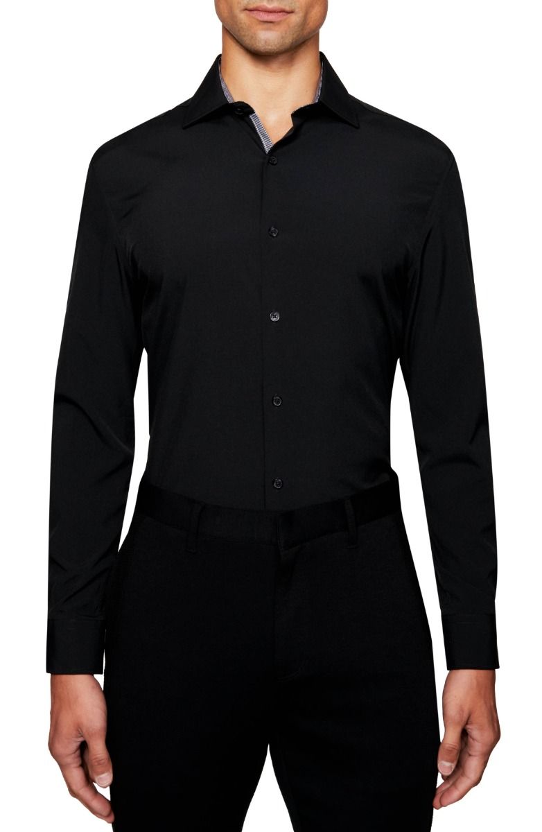 Solid 4-Way Stretch Slim Fit Dress Shirt - Black