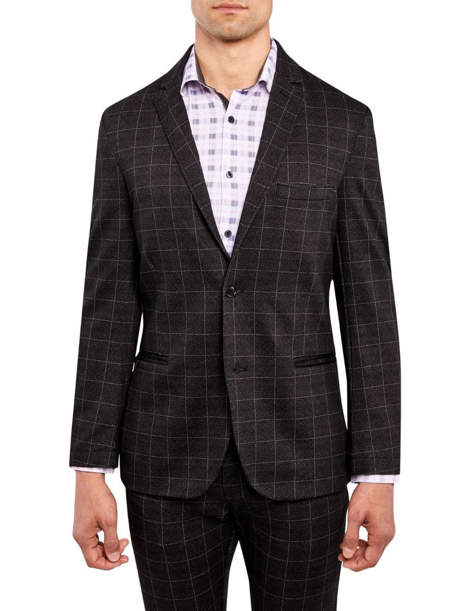 Khat Textured Windowpane Stretch Knit Blazer - Black