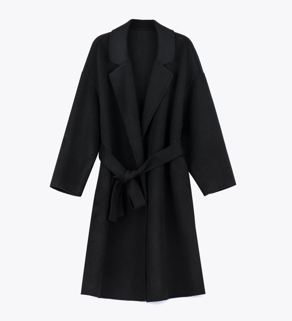 LEEZ Women Wool Coat Notched Lapel - Black