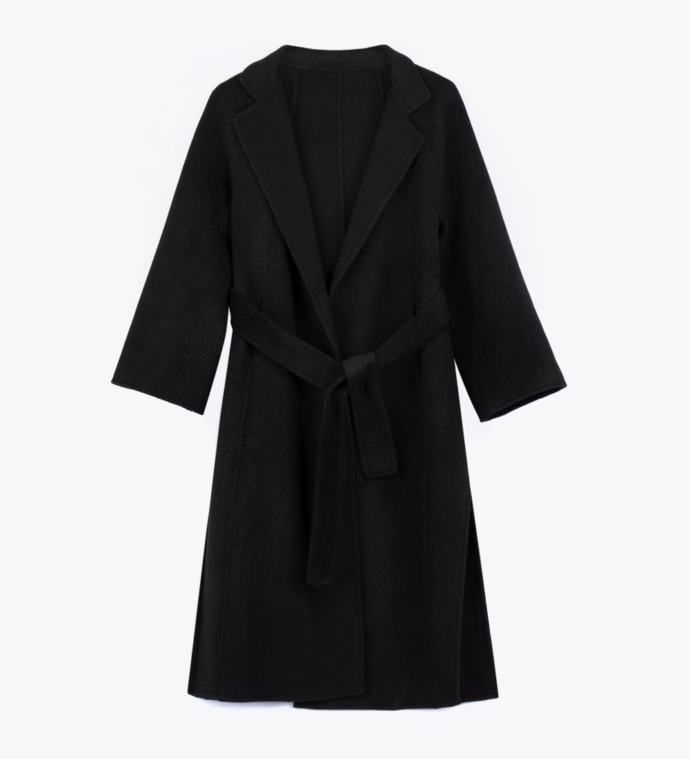 LEEZ Women Midi Wrap Coat Double Wool Fabric - Black