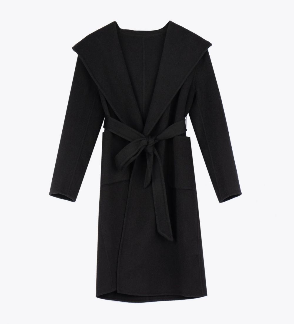 LEEZ Women Wool-Cashmere Hooded Overcoat Black