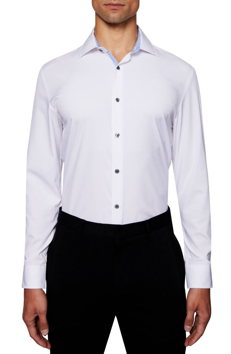 Solid 4-Way Stretch Slim Fit Dress Shirt - White