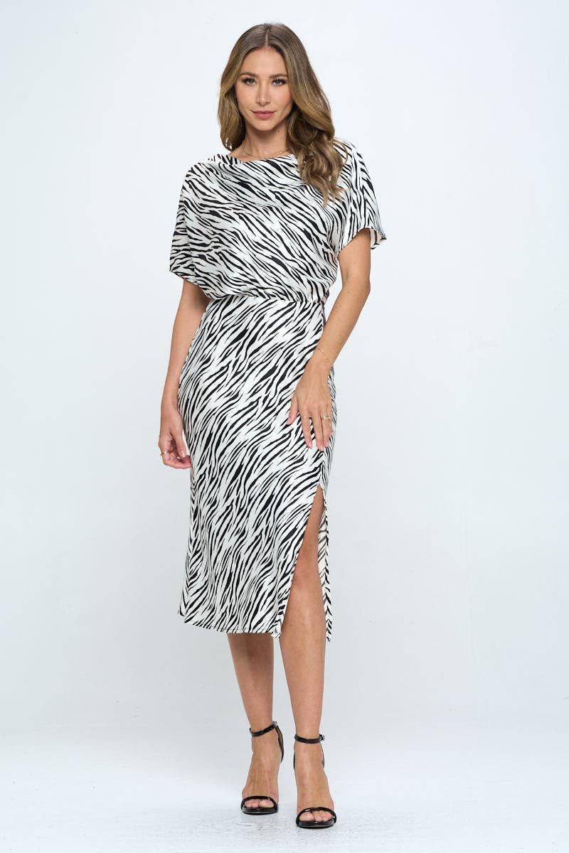 Zebra Print Dress with Slit - WHITE BLACK