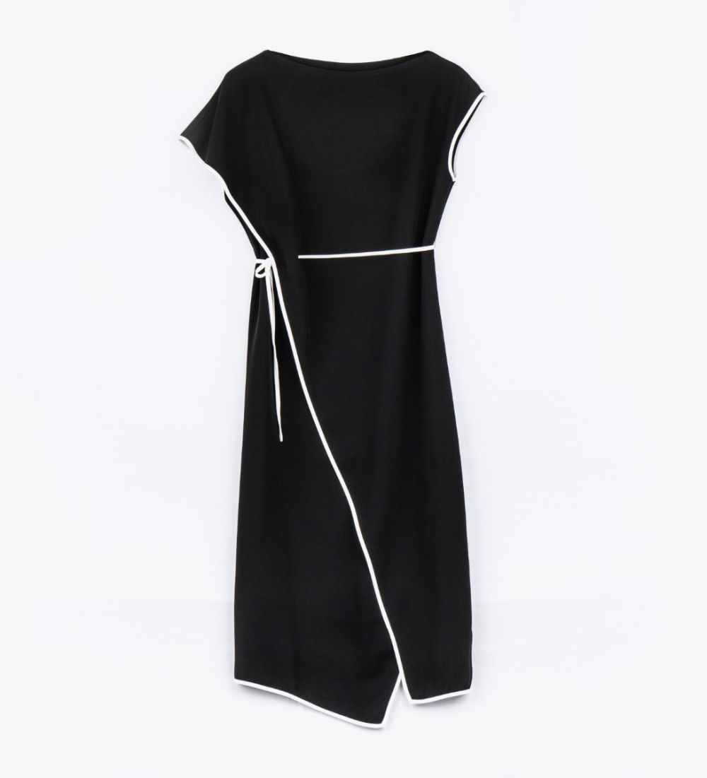 LEEZ Women Asymmetrical Dress Black and White Silhouette Line Black
