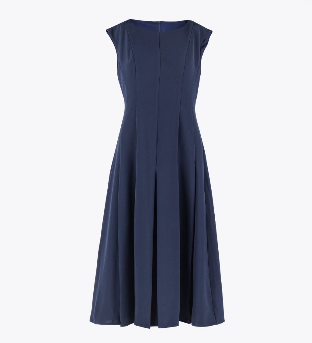 LEEZ Women Sleeveless Long Dress Pleated Navy