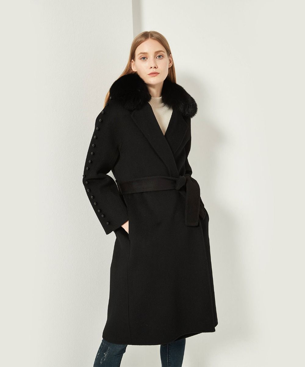 Cashmere Coat with Detachable Fur Collar Black