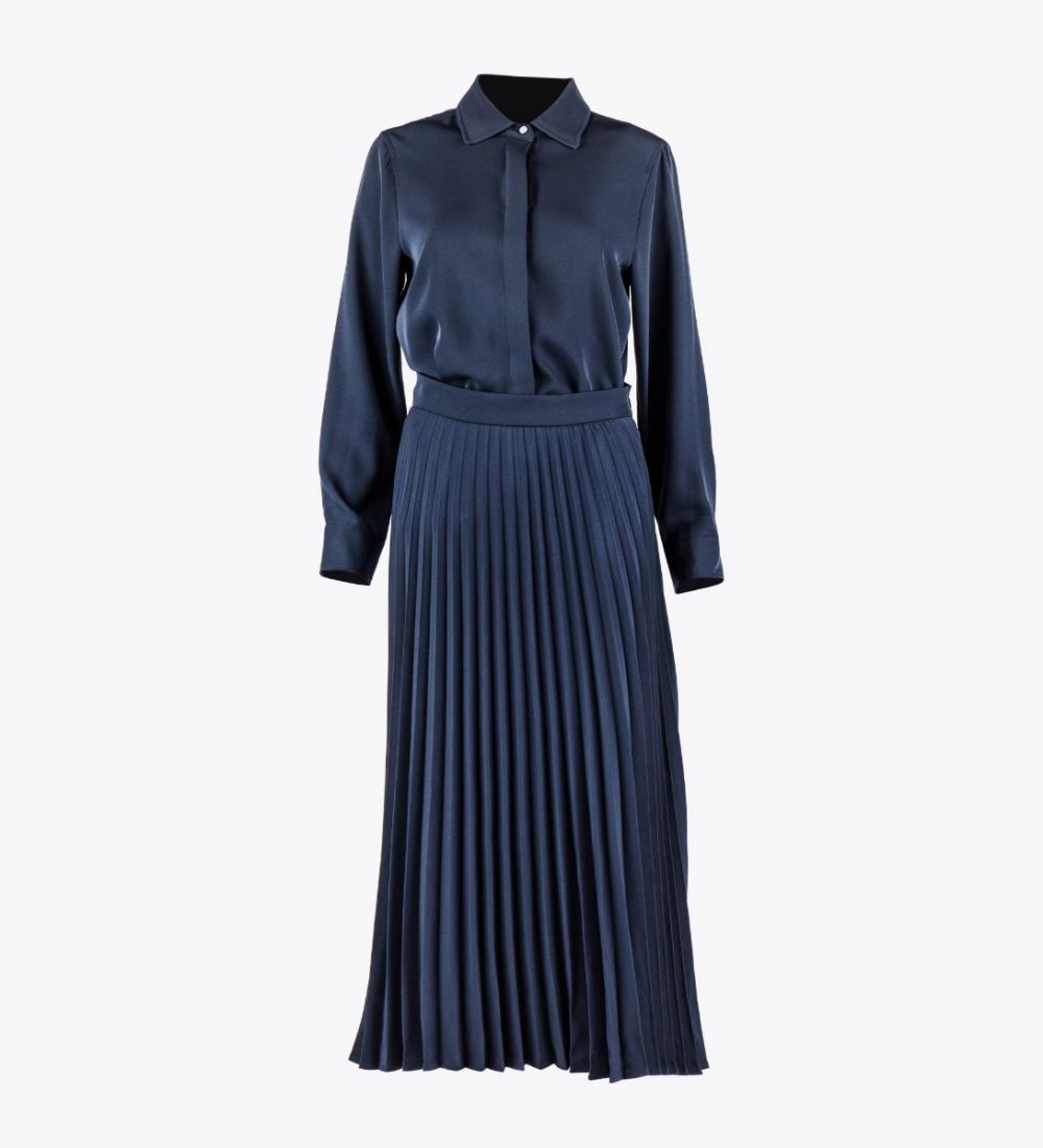 LEEZ Women Long Sleeve Pleated Shirt Dress - Navy