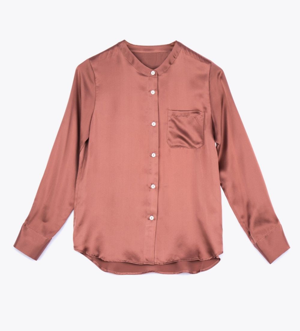 LEEZ Women Long Sleeve Mulberry Silk Blouse - Dusty Cedar