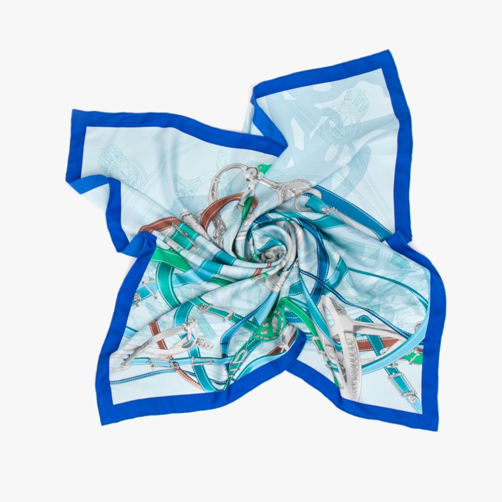 LEEZ La Ceinture Bleue Print Square Silk Scarf