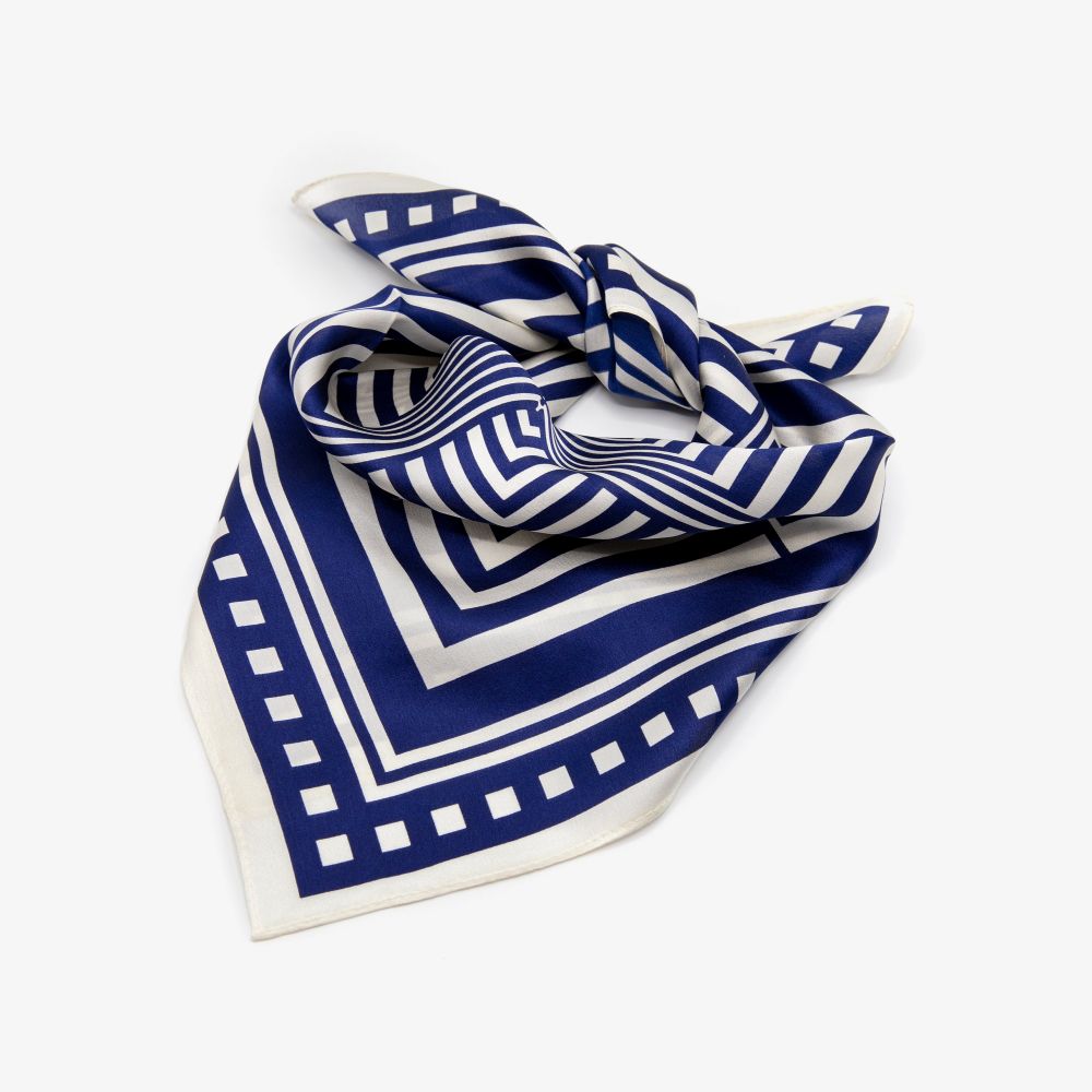 LEEZ Navy Striped Square Silk Scarf