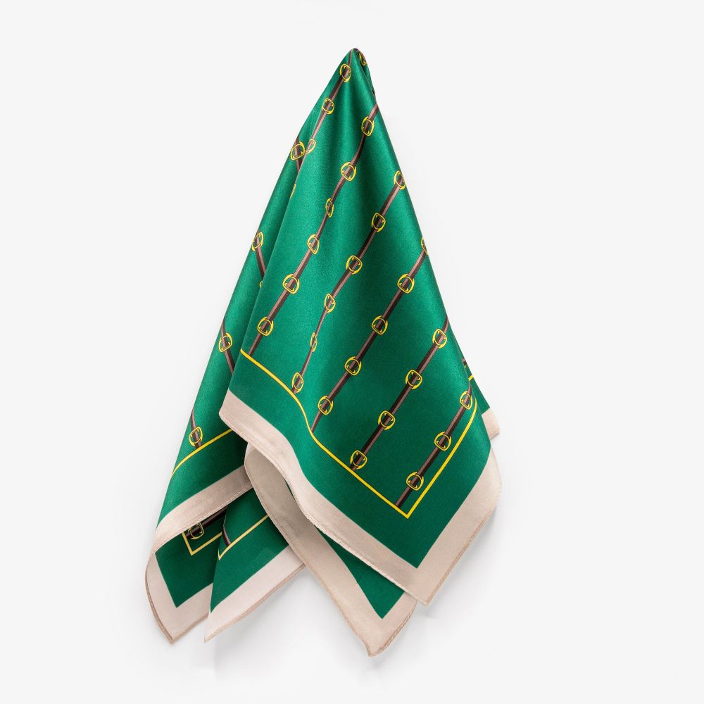 LEEZ Forest Green Belt Print Square Silk Scarf