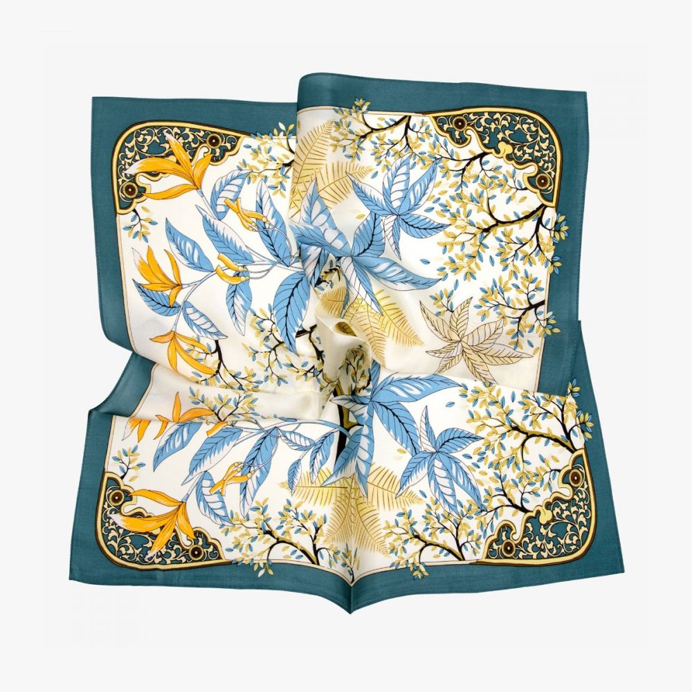 LEEZ Floral Print Square Silk Scarf - Pine