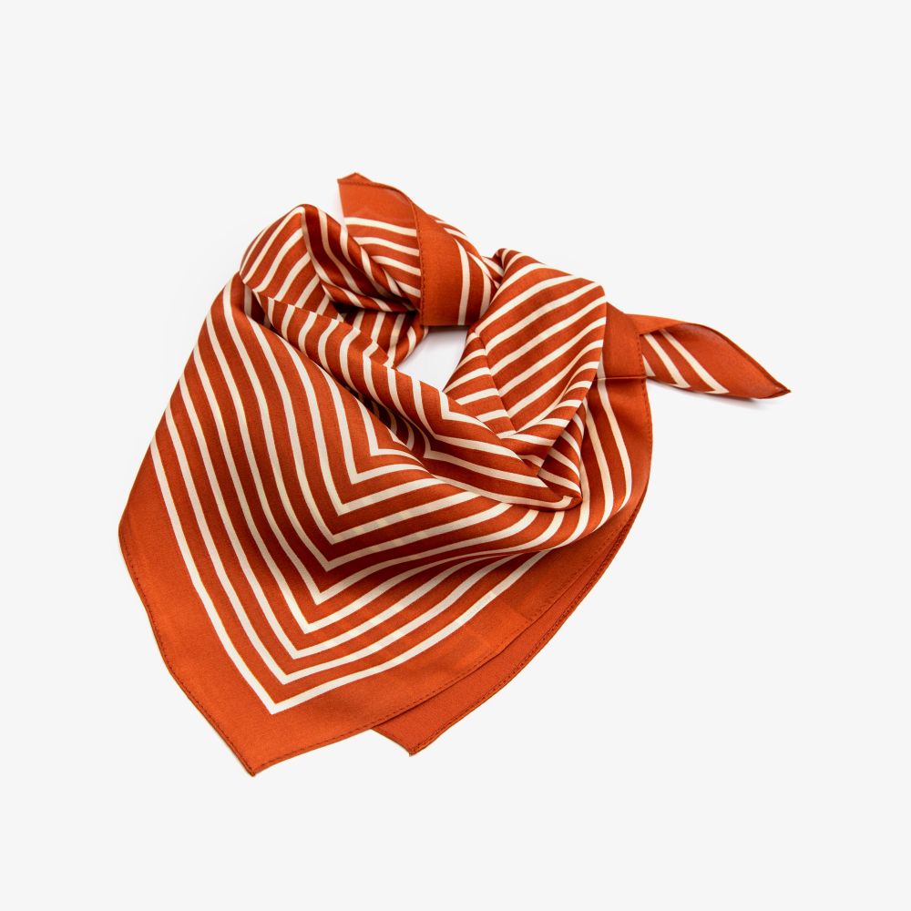 LEEZ Pumpkin & White Stripe Print Square Silk Scarf