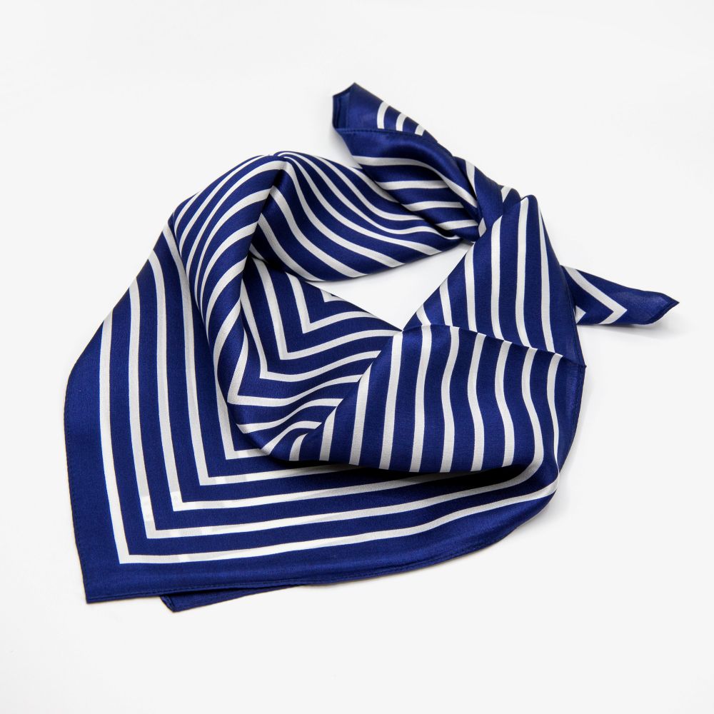 LEEZ Blue & White Stripe Print Square Silk Scarf