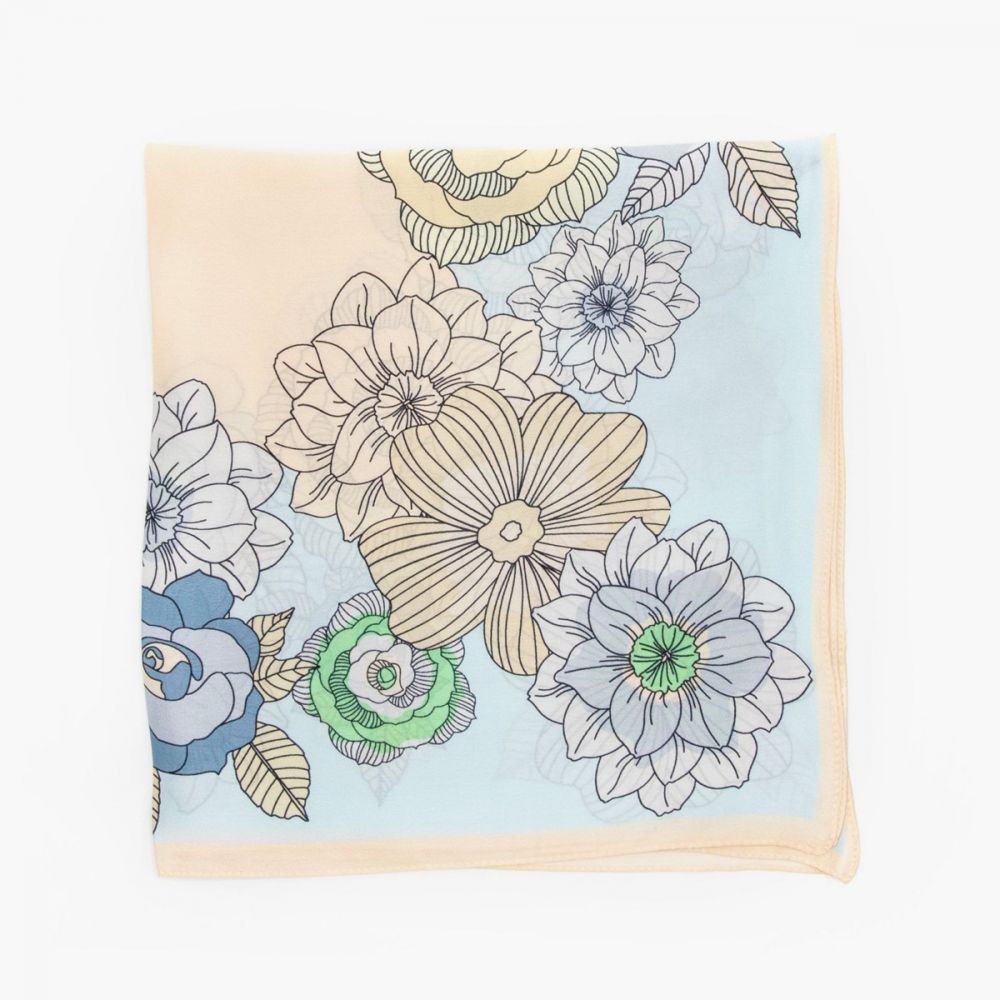 LEEZ Floral Patch Print Square Silk Scarf - Blue