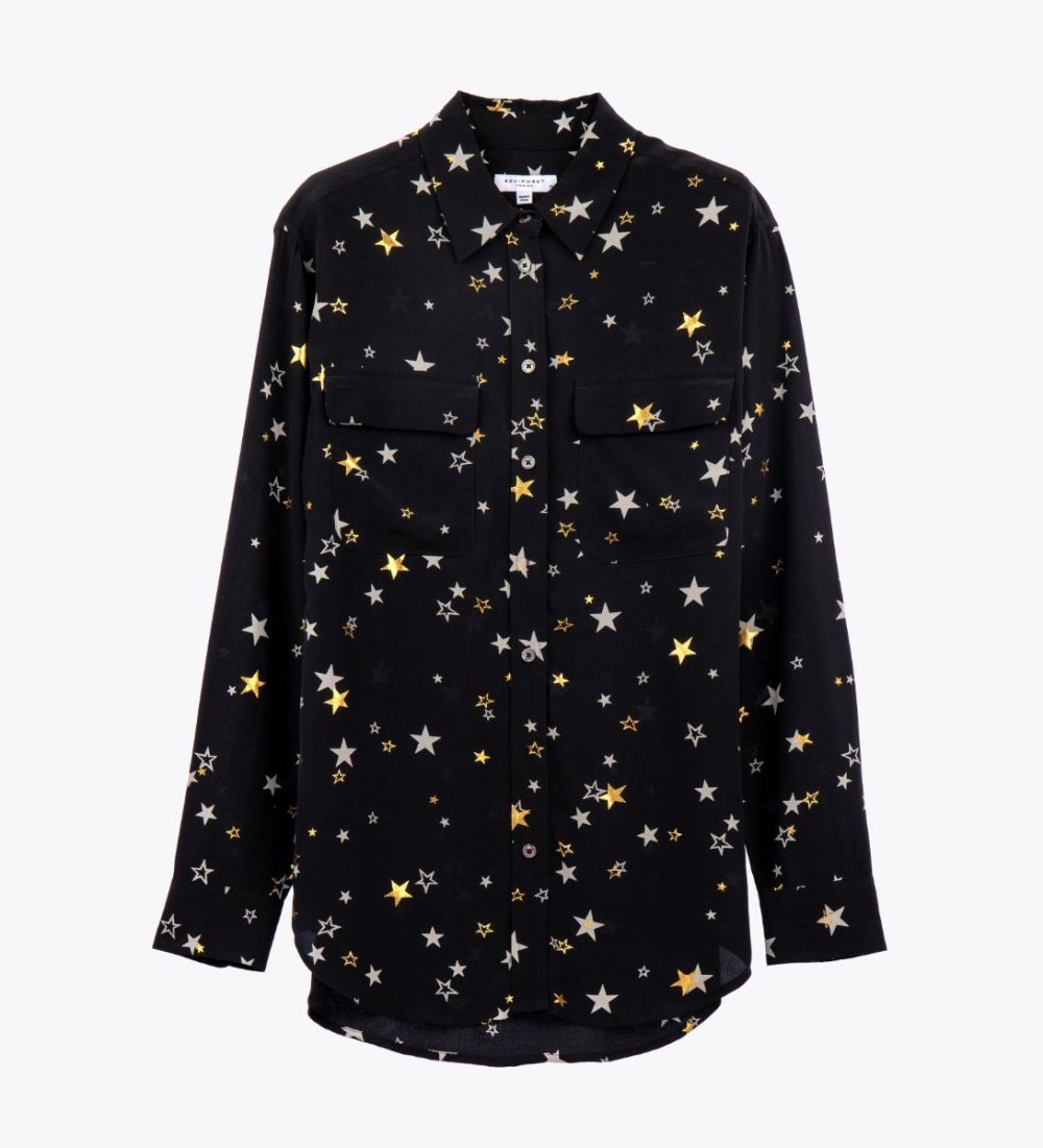 LEEZ Women Silk Shirt Bronzing Star Print Black